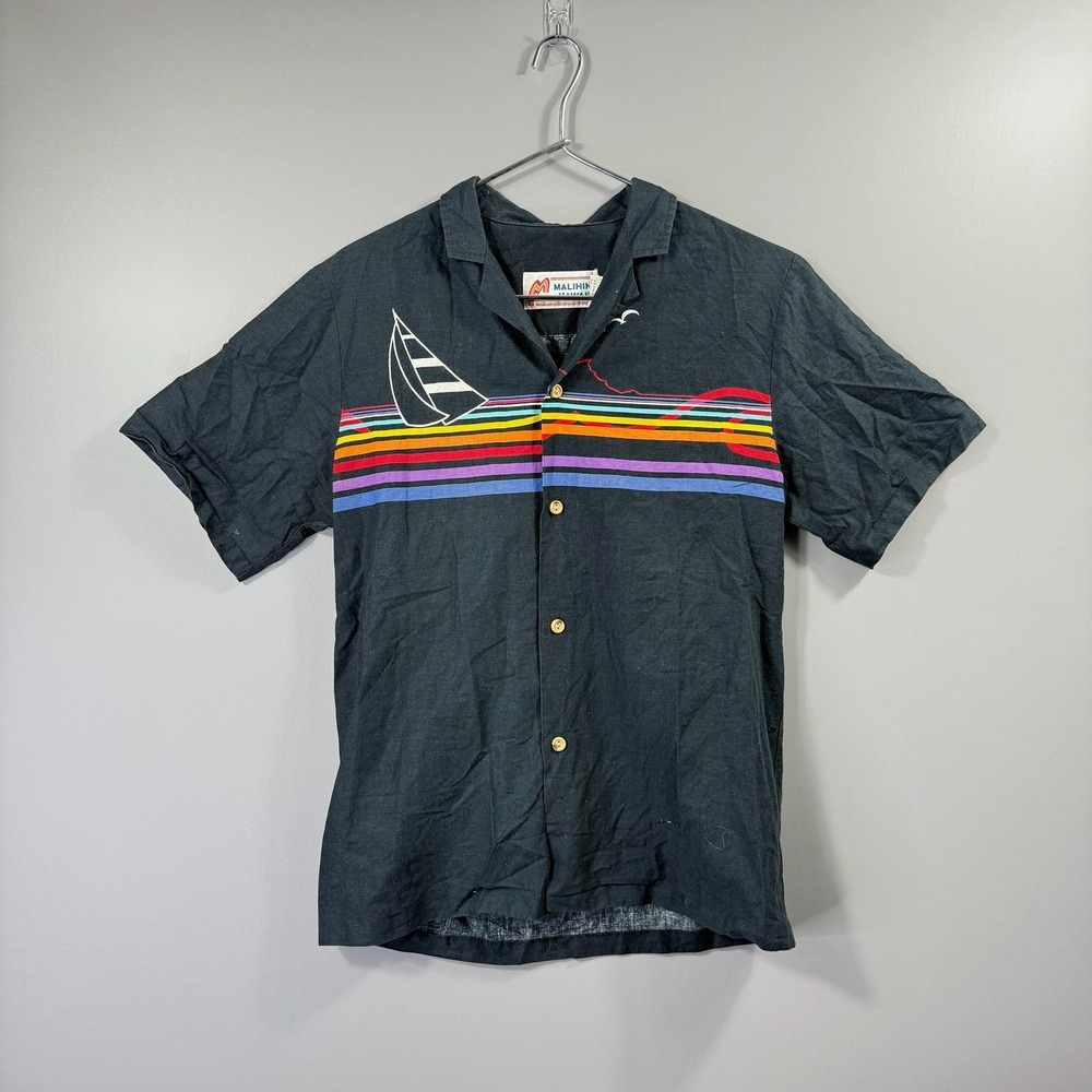 Vintage Malihini Hawaii Shirt Mens Small Multicolor Sailing Hawaiian Button Up